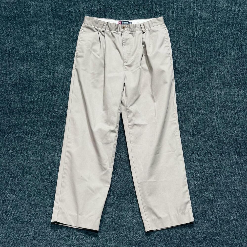 Chaps Pants Mens 32x28.5 Beige Pleated Chino Dress Casual Cotton Straight Leg